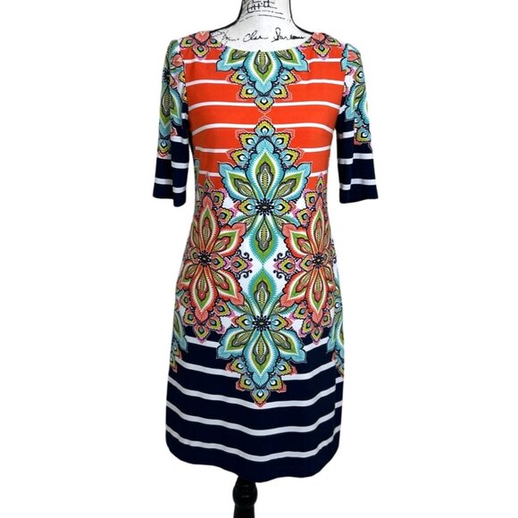 Eliza J Dresses & Skirts - ELIZA J Womens Dress Colorful Print Shift Blue Orange White Jersey Stretch Sz 4